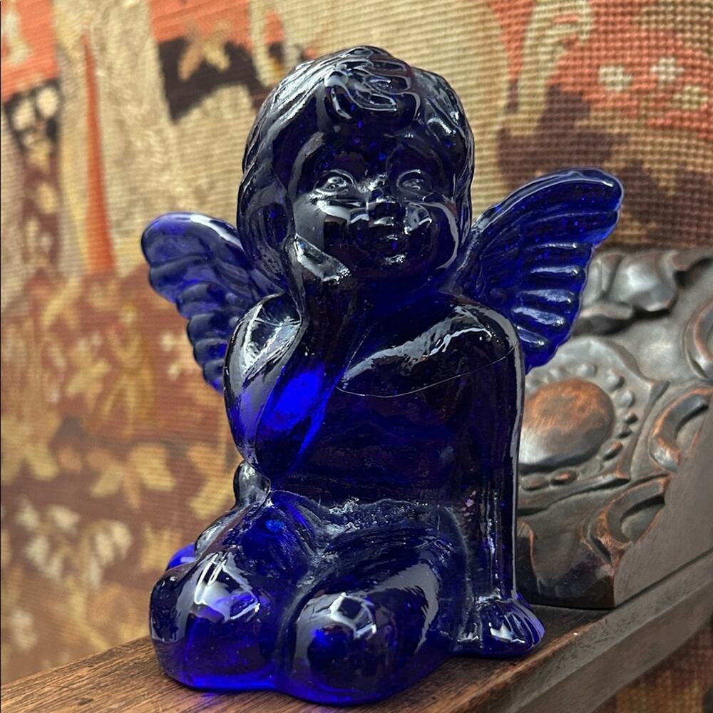 Vintage Deep Blue Cobalt Art Glass Cherub Angel Candle Holder